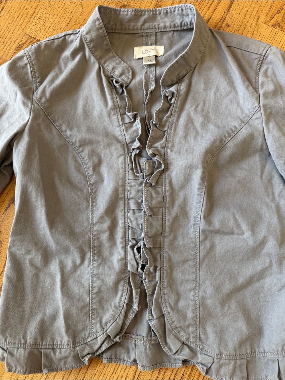 LOFT Pale Gray Ruffle Front Jacket - Picture 3 of 6